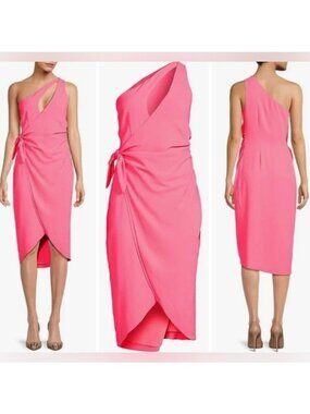 Amanda UpRichard NWT One Shoulder Pink Wrap Midi Dress Tulip Tie Detail (E847)